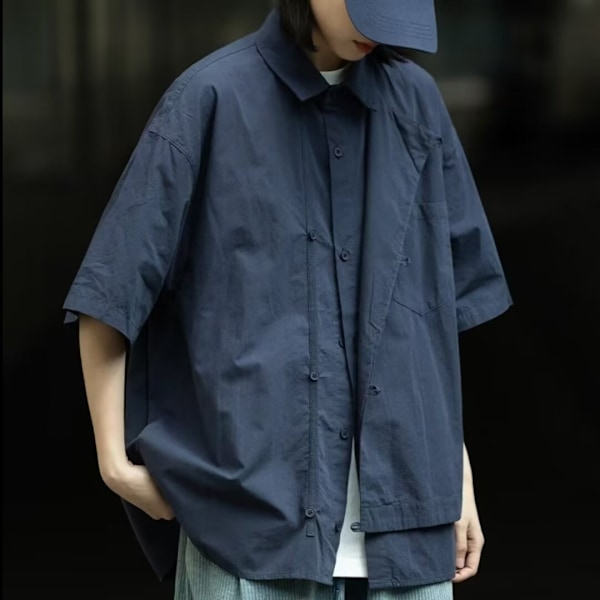 Japansk-Stil Retro Grundlæggende Stil Workwear Trøje Baby Dreng Og Pige Sommer Uregelmæssig Design Kort Ærme Skjorte Rock Mænd ' Nytta Navy Blue M