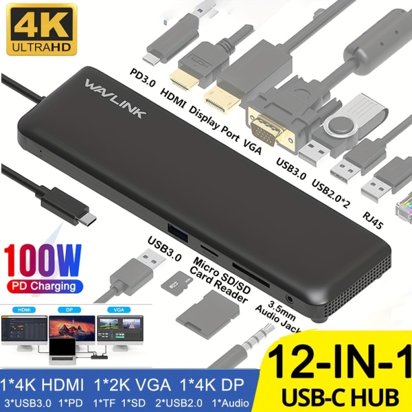 USB C 12-i-1 dockningsstation för bärbar dator, Triple Display Type-C-adapter med HDMI, skärmport och VGA, 100W PD3.0-laddning (85W för PC), Ethernet Black