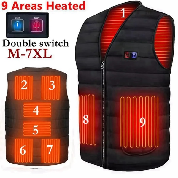 5/9 Områden Uppvärmd Väst Herr Dam Elvärmeväst USB Uppvärmd Jacka Uppvärmd Väst Bodywarmer Uppvärmd dunjacka Winte 5 Areas Heated Black M