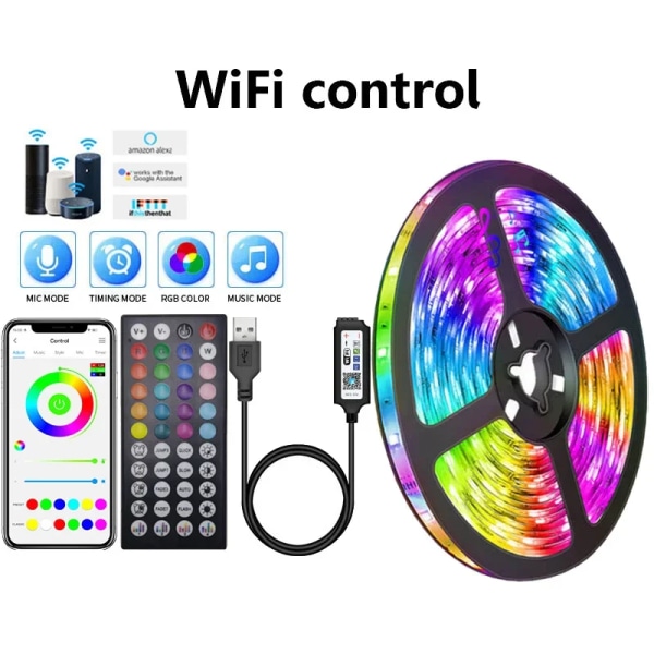 LED Strip Light WIFI Bluetooth Control 5050 RGB Led Lights Flexibelt band Luces Led 1M-30M 5V USB TV Bakgrundsljus Rumsdekoration Wifi controller 10m