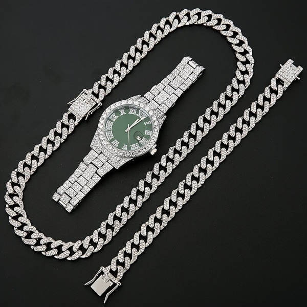 3st Hip-hop Watch Halsband Armband Set, Shiny Watch Boxed Present för män, julklapp Silver Green