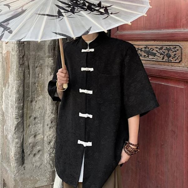Ny kinesisk mænds kinesisk stil kinesisk frø Tang kostyme skjorte herre kortærmet forår og efterår niche design lys luksus skjorte sommer White XXL