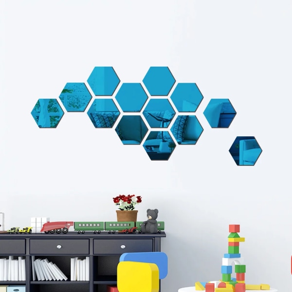 DIY 3D-spegel väggdekal Hexagon akryl DIY självhäftande spegelklistermärke Avtagbara konstväggdekaler för heminredning i sovrummet 12PCS Blue M 100x85x50mm