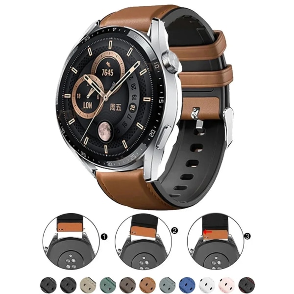 20mm 22mm läder- och silikonhybridrem för Samsung Galaxy Watch4 6 Classic 47mm 46mm/Galaxy Watch6 40mm 44mm bandarmband Deep brown-Silver Huawei Watch3Pro46mm