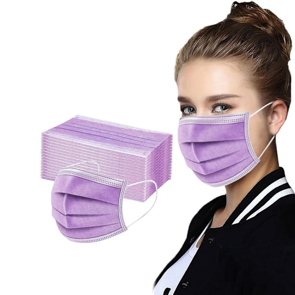50Pcs Women Man Solid Mask Engångs Ansiktsmask 3Ply Ear Loop Anti-Pm2.5 Mask Purple