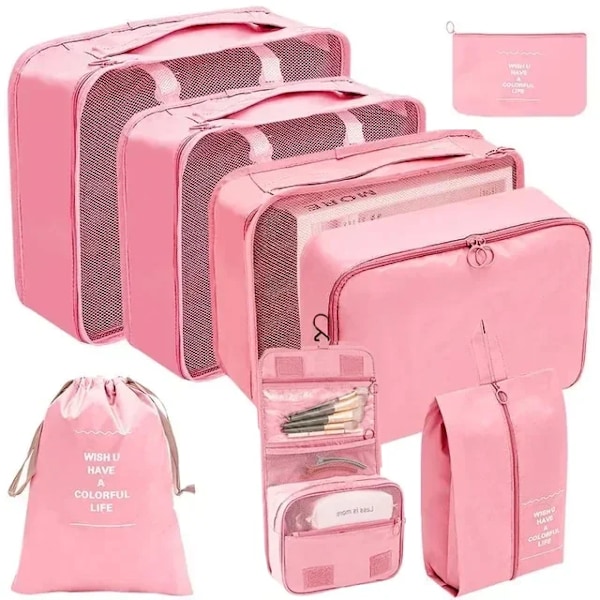 7/8-dels Set Resväska Organiseringsväskor Packningskuber Set Fodral Bärbar Resväska Kläder Skor Ordningshållare Vikbar 8PCS-Pink