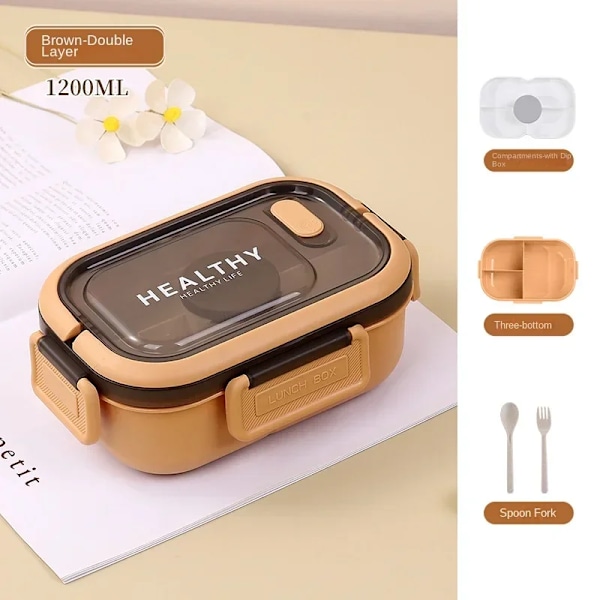 Lunch Box with Tableware for Office Workers Square Divided Microwave Oven Bento Box Leakproof Food Container for Picnic Camping Brown double layer