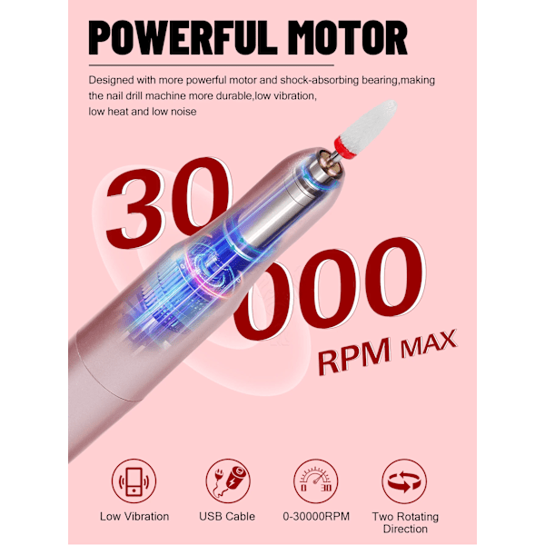 30000Rpm USB Negleboremaskine til Manikyr Fræseudstyr 30000RPM-Pink