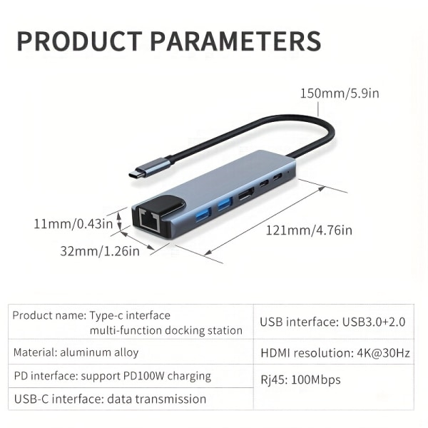 Bärbar typ C Hub Multiport Adapter med anslutning för HDMI, USB, PD, TYPE C, RJ45 Ethernet-portar 6 i 1 USB C dockningsstation för Dell