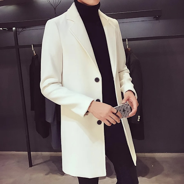 Syksy ja talvi Slim Fit pitkä villahame miesten yksirintaiset, Street Fashion Business Trench Rock miehille Vaatteet Vaatteet White Asian 4XL 80-88KG