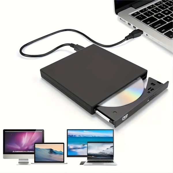 Extern CD DVD-enhet, USB 2.0 Slim Protable Extern CD-RW-enhet DVD-RW-brännare Skrivare för bärbar dator Bärbar PC Stationär dator Black 1pc