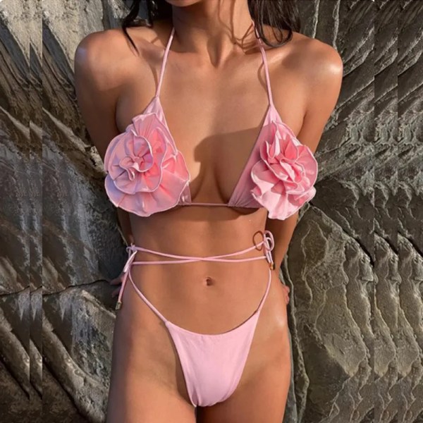 2024 Sexig 3D Blomma Halter Neck Snörning Brasilianska Thong Bikinis Set för Dam Sommar Badkläder Strandkläder Biqunis Mujer Resort Pink S