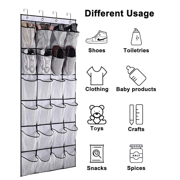 24 Pockets Over the Door Shoe Organizer Large Mesh Pockets With 4 Hooks Transparent Fabric Shoe Rack Storage Bag For Bedroom white