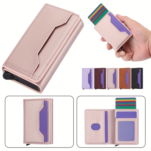 Mode automatisk pop-up kreditkortshållare för damer för män Stöldskydd RFID magnetiskt konstläder aluminiumkortlåda för män Skydda ditt kort Purple