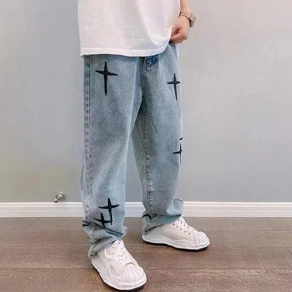 2024 Nye Mode Mænd Stjerner Prints Jeans Y2k Tøj Hip Hop Baggy Brede Ben Bukser Drapes Lige Last Bukser Pantalon Homme Dark Blue L