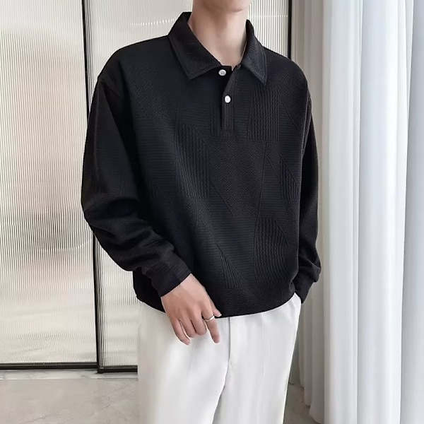 Mäns Tröja Ny 2023 Höst Och Vinter Lapel Mode Märke Höst Kläder Våffel Långärmad Skjorta Mäns Topp Vår Och Höst. Black XXL