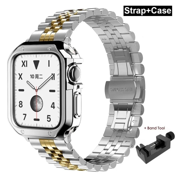 Case för Apple Watch i rostfritt stål för Apple Watch 38 mm 42 mm 40 mm 44 mm 41 mm 45 mm metallband för iWatch Series9 8 7 6 SE 5 4 3 2 1 Correa Silver Gold Set 42mm-Series 3 2 1