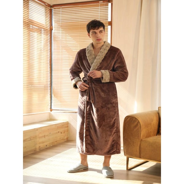 Men's Comfy Solid Fleece Robe Lapel Collar Home Pajamas Wear With Pocket One-piece Lace Up Kimono Night-robe Warm Sets After Bath