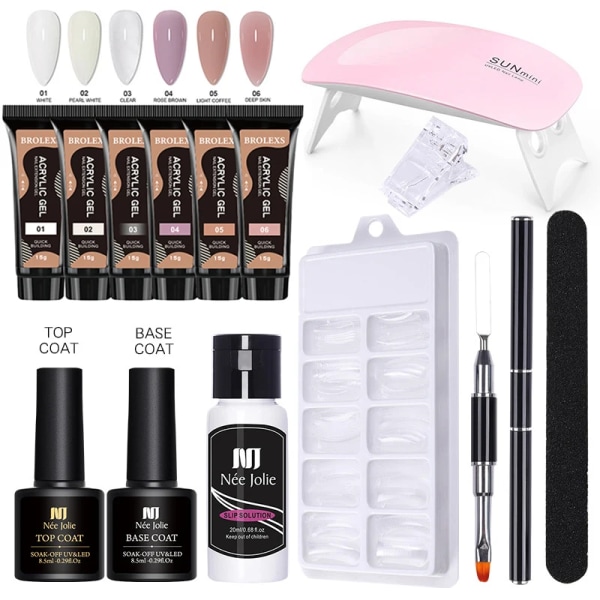 Poly Nail Gel Kit med 6W LED-lampa, allt-i-ett- set för manikyr, semi-permanent förlängningsgel och franska akrylnaglar med verktyg SET02-14PCS