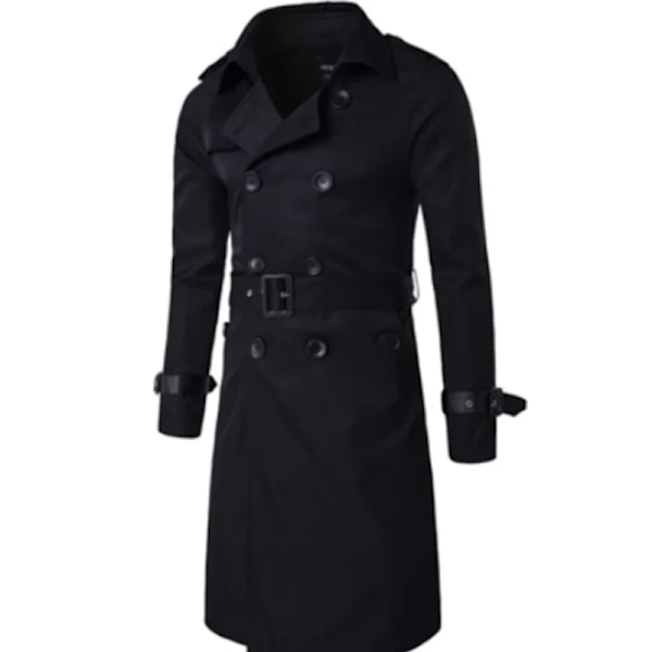 2024 Nye Herre Forår Efterår Vindjakke Lang Trenchcoat Med Bælte Mænd Frakke Dobbelt Breasted Peacoat Black XL     60 to 66kg