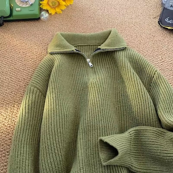 Halv Blixtlås Tröja Mäns Vinter 2023 Nya Aprikos Färg Knitwear Koreansk Stil Idle Style Mångsidig Casual Casual Case Plåtta Green XXXL