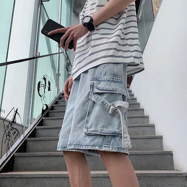 Sommar Trendiga Verktyg Denim Shorts Herr Koreansk Stil Lös Vida Ben Raka Byxor Stilig Casual Femte Byxor Herrkläder Dark Blue L