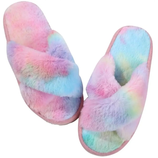 Eyriphy Vinter Varme Toffler Kvinder Cross Band Bomuld Sandaler Fluffy Blød Bund Slides Plys Fuzzy Hjem Tøfler Hyggelige Pels Sko Tie-dye Pink 1 40-41