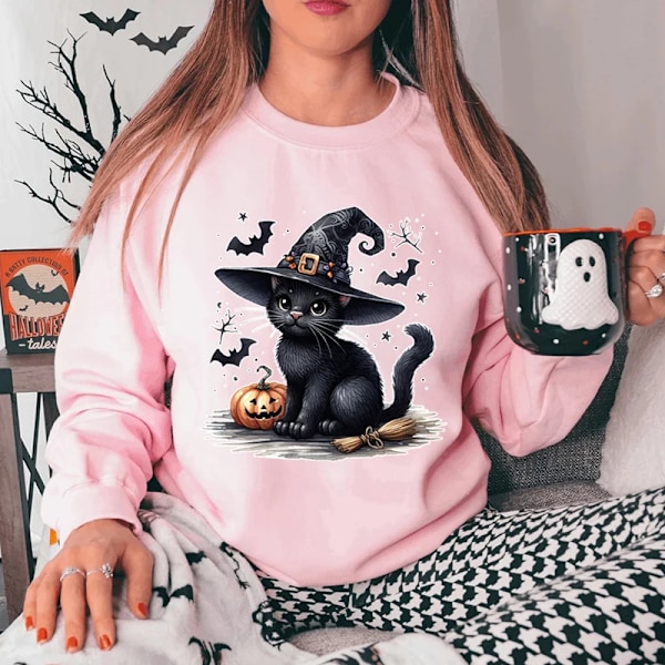 Rolig Halloween Svart Katt Pumpa Bat Print Sweatshirt För Kvinnor Kreativ Höst Och Vinter O Hals Hoodless Pullover La La La Nackes Överst black XXXL