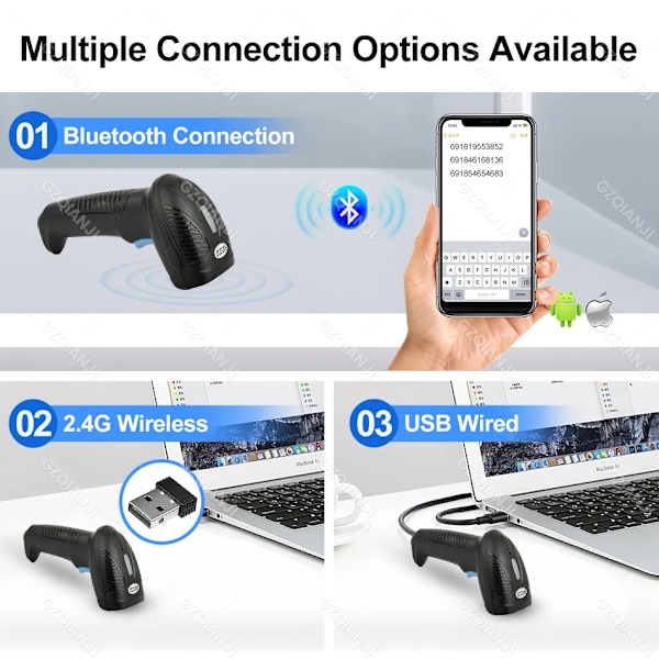 2D QR-koodinlukija 1D/2D Käteinen viivakoodinlukija Palkkilukija Kannettava qr-lukija USB Langaton 2.4G Bluetooth PDF417 DM-koodi 1D2D-Bluetooth-Stand