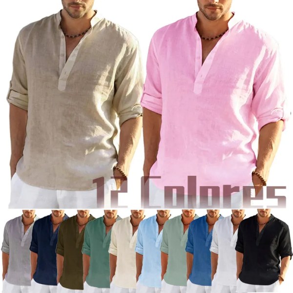 Ny Långärmad T-shirt i linne för män Enfärgad lös casual Långärmad bomullslinneskjorta denim blue XL