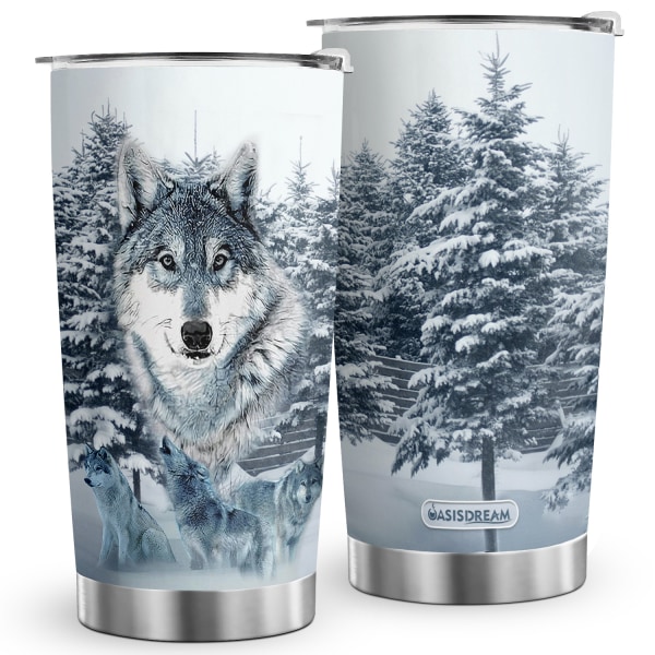 1 st 20 oz Snow Wolf Tumbler Cup, isolerad resekaffemugg med lock Rostfritt stål dubbelvägg vakuum Vakuumisolerad kolv vattenkopp