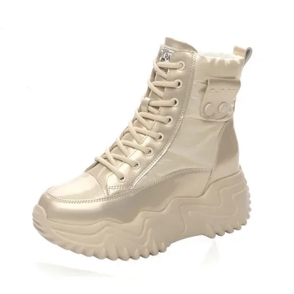 7Cm Höjning Äkta Läder Plattform Kil Dolda Höga Klack Kvinnor Vrist Stövlar Casual Chunky Sneakers Våren Hösta N Skor Beige 37