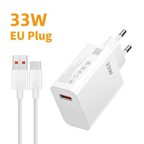 33W Usb Laddare Snabbladdare 3.0 Snabbladdande Mobil Strömadapter Typ C-Kabel För Xiaomi Huawei Samsung Telefon Char. Ge White EU-PD Cable