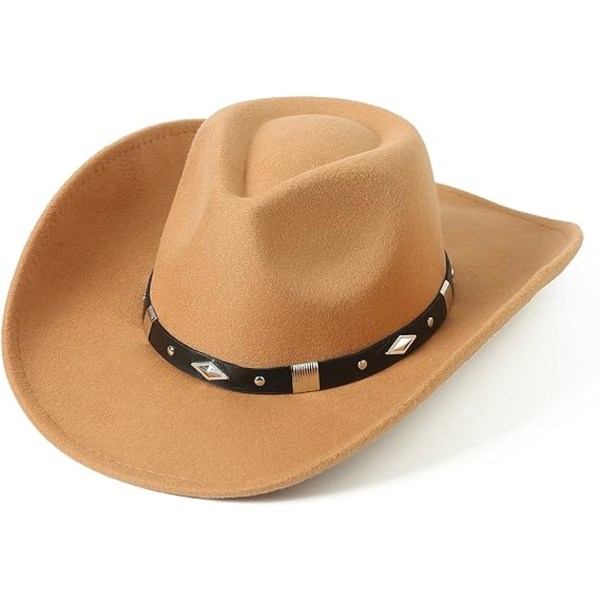Damer Män Klassisk filt med bred brättad Western Cowboy Cowgirl-hatt med bältesspänne passform storlek 6 8/7-7 1/4 Camel