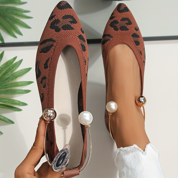 Platta skor med ringdekor för damer, andningsbara print spetsskor, lätta slip-on-balettskor Beige White CN36(EU36)