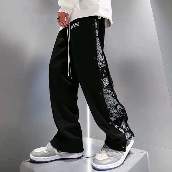 Breasted Byxor Mäns Fjäder Mode Märke Hip-Hop Valpar Vacker Cashew Flower Sy Rak Rör Loss Bred Bendipper Casual Byxor Grey M
