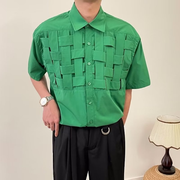 Vävda Kortärmade Skjorta Mäns Koreanska-Stil Trendy Handsome Skjorta Mäns Niche Design Tröja Pojkvänen Sommartunn Green XL