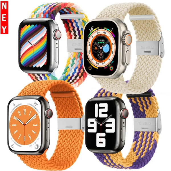 Flätad Solo Loop För Apple Watch ultraband 49mm 45mm-40-41mm-44mm Nylon Elastiskt armband iWatch series 9 8 se 6 7 5 4 3 band Z-Purple Gold 33 49mm 45mm 44mm 42mm