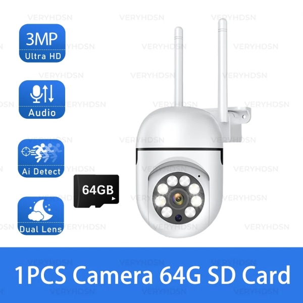 3MP PTZ WiFi IP-kamera Säkerhet Videoövervakningskamera Människodetektering Automatisk spårning Night Vision Utomhus Vattentätning EU Plug 3MP-64G SD Card-1PCS