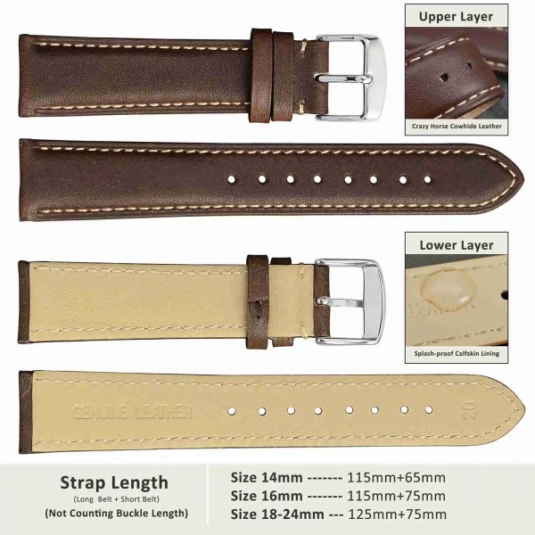 Watch i äkta läder 14 mm 16 mm 18 mm 19 mm 20 mm 21 mm 22 mm 23 mm 24 mm Ersättningsband Armband för män kvinnor Dark Brown-Silver-B 20mm