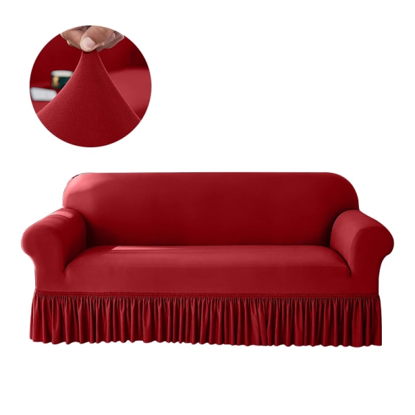 Högstretch enfärgad cover för vardagsrum Spandex cover med kjol Dammtät Halkfri soffa Överdrag Hem Red 1 seat  90-140cm