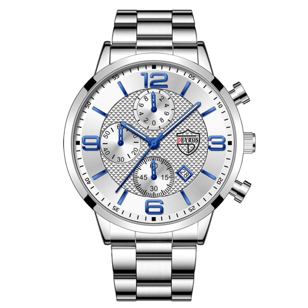 reloj hombre Luxury Business Herrklockor Rostfritt stål Quartz Armbandsur Herr Läderkalender Lysande klocka relogio masculino Silver White