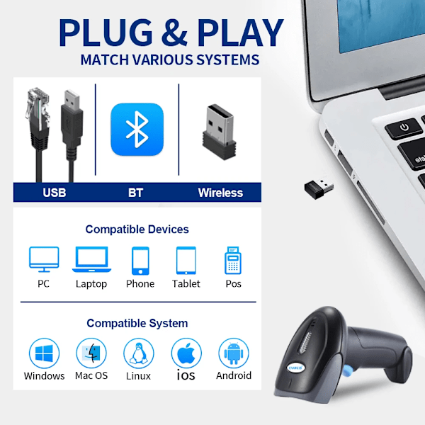 EVAWGIB Billigste 1D&2D Supermarked Håndholdt Stregkodescanner Stregkodescanner QR Blåtand 2.4G Trådløs&Kablet USB-grænseflade EV- WJ13 Wireless 1D