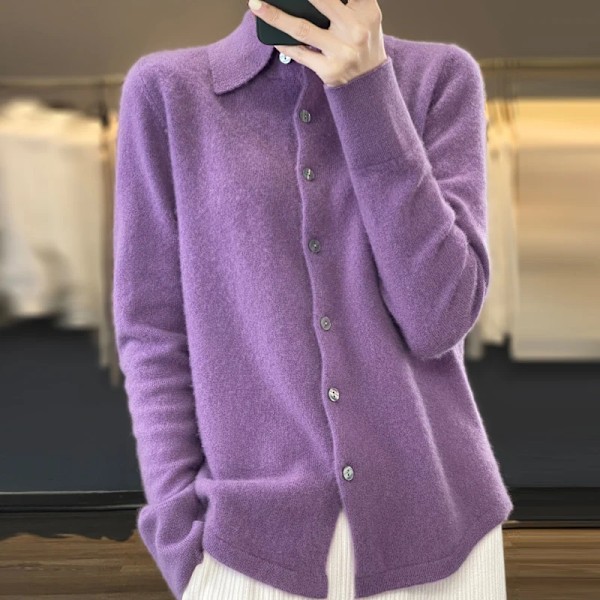 Kvinnor Merino Ulol Sweater Polo Krage Skräddar Cardigan Höst Vinter Cashmere Cashmere Casual Sticka Loose Mjuk Jacka Bottoming Topp S Violet M