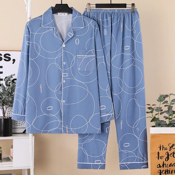 Ny Mäns Pyjamas Set Lång Ärm Loss-Fit Våren Höst-Liknande Bomullstyg Lämplig För Ytterkläder 56-5 Blue XXXL