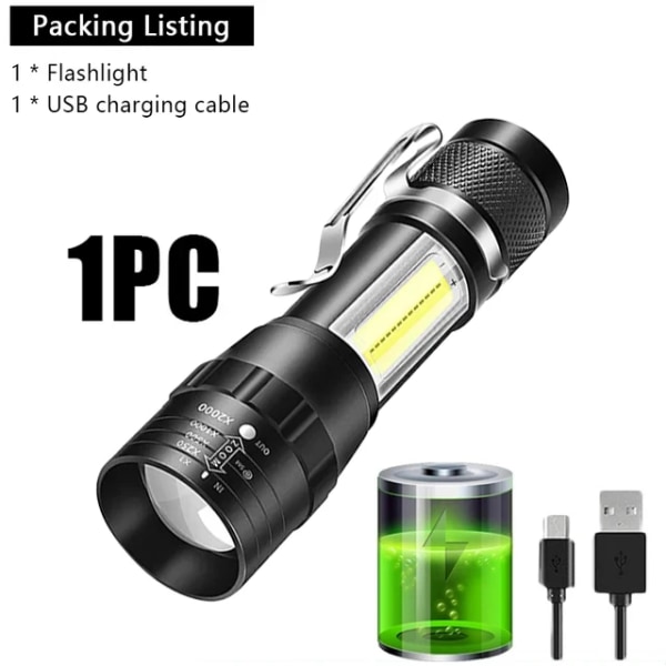 USB uppladdningsbar minificklampa COB+XPE Bärbar inbyggt batteri Zoombar liten ficklampa 3 lägen camping nödlampor 1pc