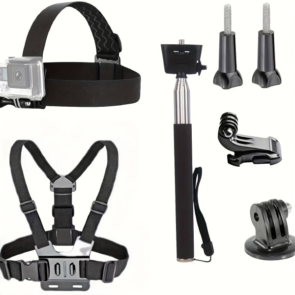 3 In 1 Universal Action Camera Accessories Kit - Huvudremsfäste/bröstsele/Selfie Stick kompatibel med Gopro Hero 11 10 9 8 7 6 5/AKASO Black