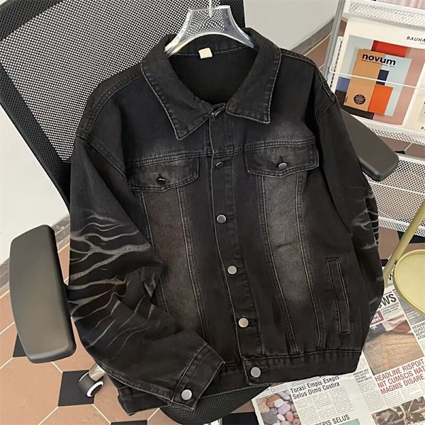 Ny Forår Og Efterår Denim Jakke Mænd Amerikansk-Stil Retro Fashion Brand Vasket Gradient Baggy Casual Jakke Alsidig Top Black XL