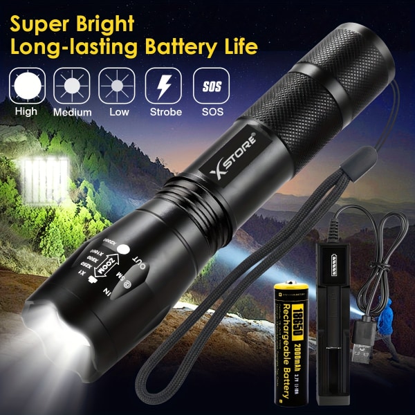 LED-zoombar ficklampa W/18650 batteri & USB -laddare, superljus 5 lägen mini bärbar ficklampa för camping utomhus nödsituation Black