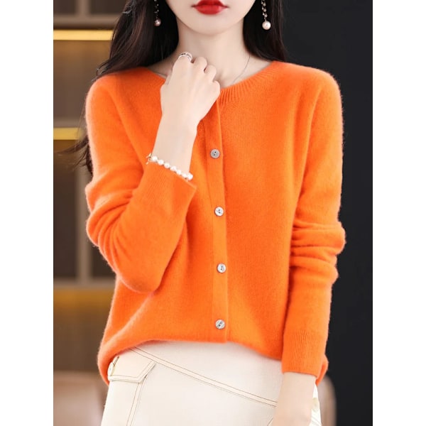 Addonee Kvinnor 100% Merinoull Sweater Cashmere O-Hals Cardigan Raglan Ärm Klassiskt Sticka Solid Fast Hion Baskläder Orange M